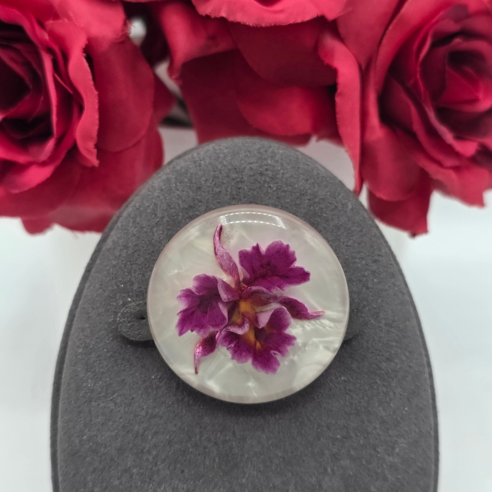 Vintage Purple Orchid Flower Domed Resin Mother of Pearl Round Brooch Pin 1.25"